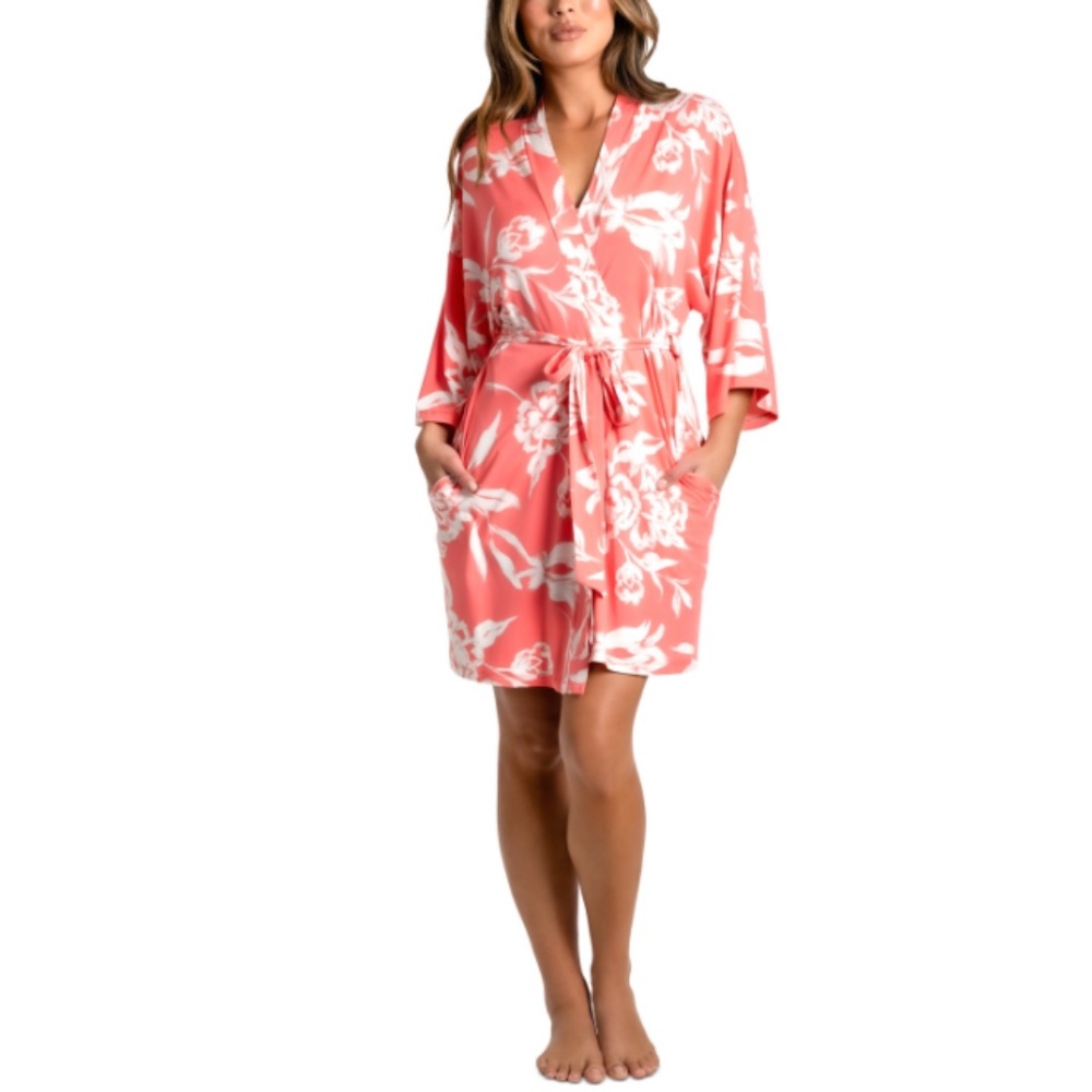Linea Donatella Women's Printed 3/4-Sleeve Robe Coral Size S/M  22276